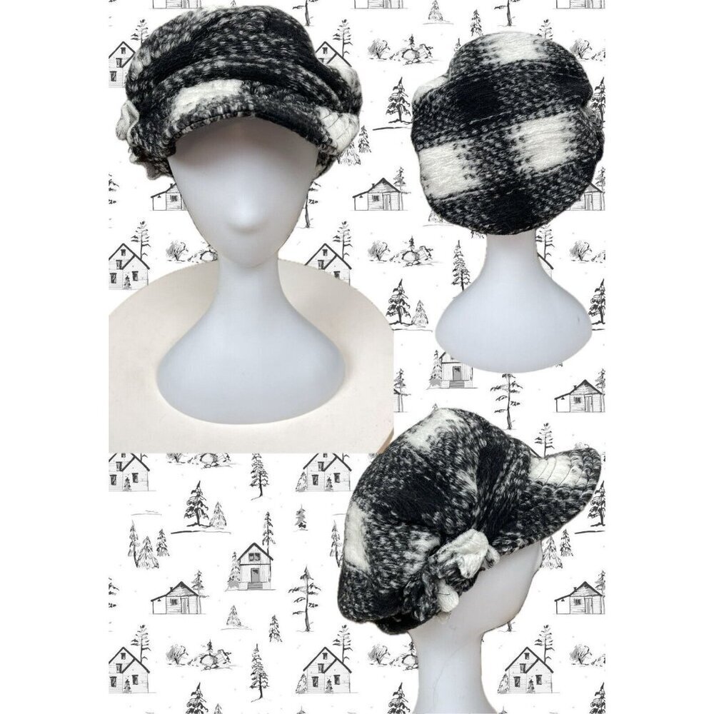 Lafenice Black-Cream Plaid Handmade Italy Wool Floral Side Accent Newsboy Hat